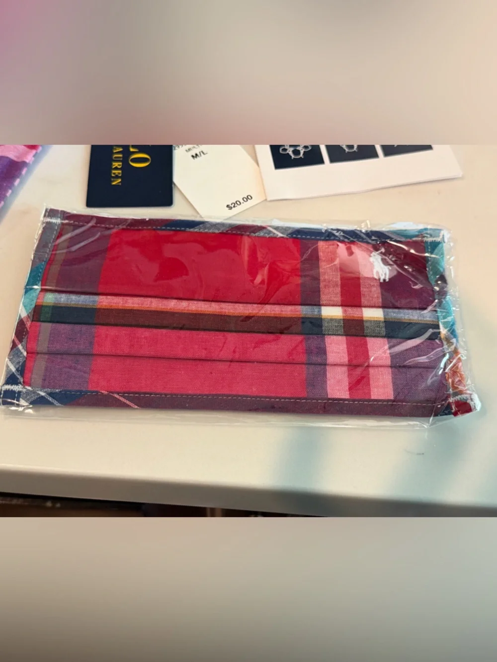 NEW Polo Ralph Lauren Cotton Face Mask Size M/L Plaid Colorful With Dust Bag
